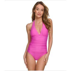 Dkny Women's Tie-Back Halter-Style One-Piece Swimsuit - Carnation Pink Size L